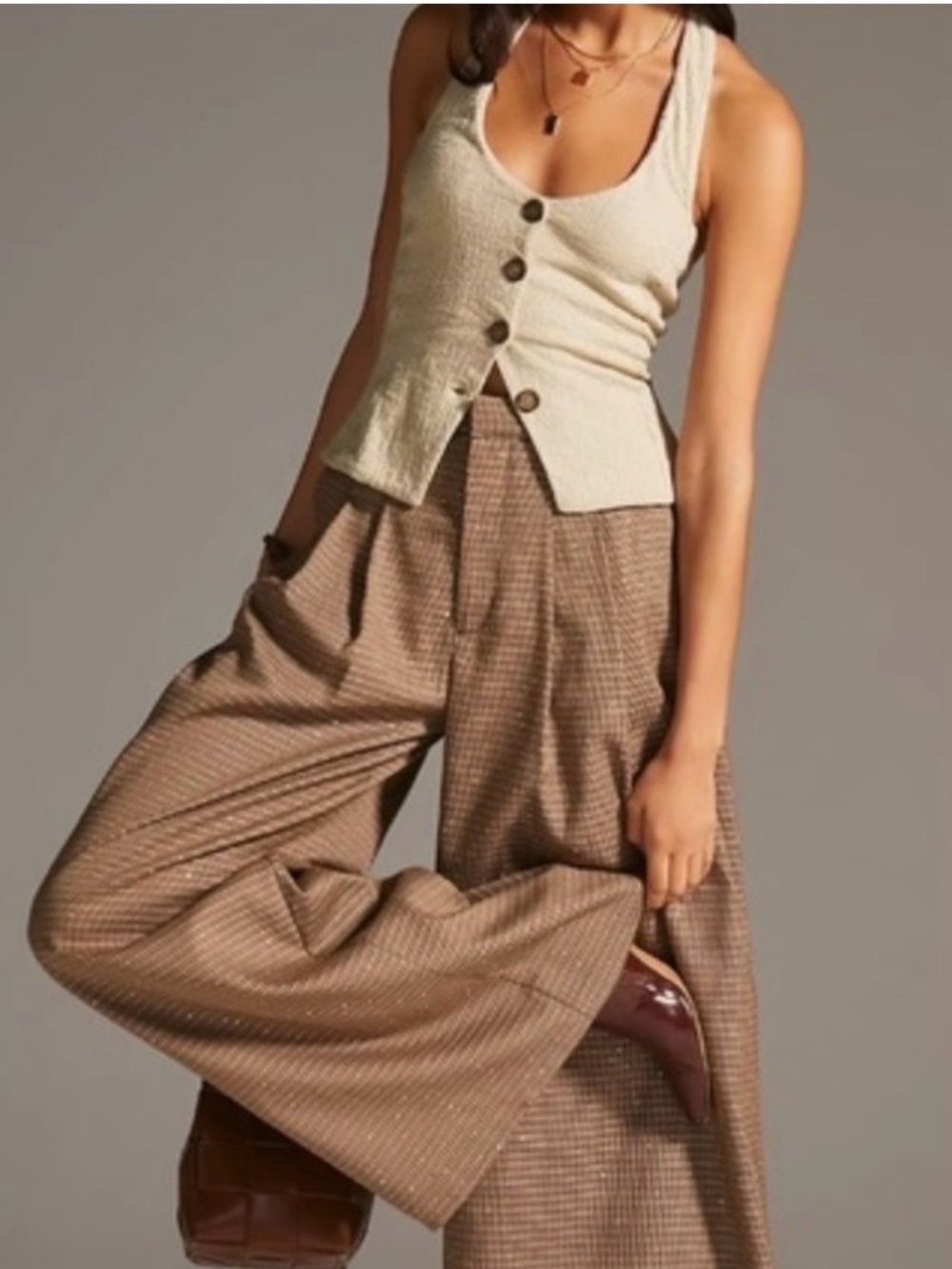 Anthropologie Tan Brown Plaid Wide-Leg Trousers